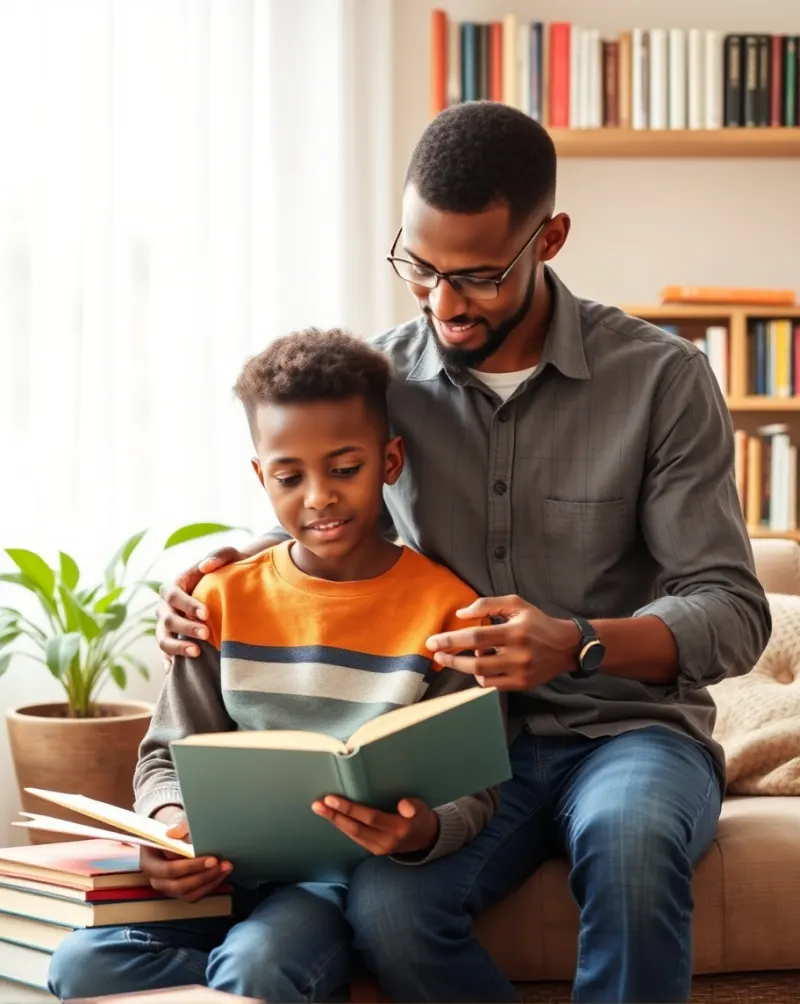 A tutor reading with a young student at home